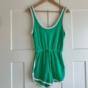 Green Sleeveless Terry Romper with White Trim